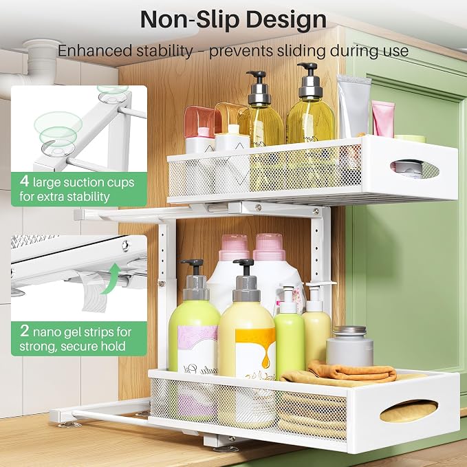 Under Sink Organizer, 2 Tier Pull out Cabinet Organizer Baskets with Mesh Sliding Drawers, Slide out Storage Shelf for Home, Kitchen, Bathroom, Pantry, Office Cabinet(1 Pack, White)