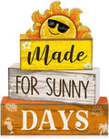 Lineshading 4 Pcs Summer Table Decor Farmhouse Wooden Sun Beach Block Signs | Rustic Tiered Tray Decorations for Summer Home Decor, Sunny Days Theme Wooden Blocks with Sun Design