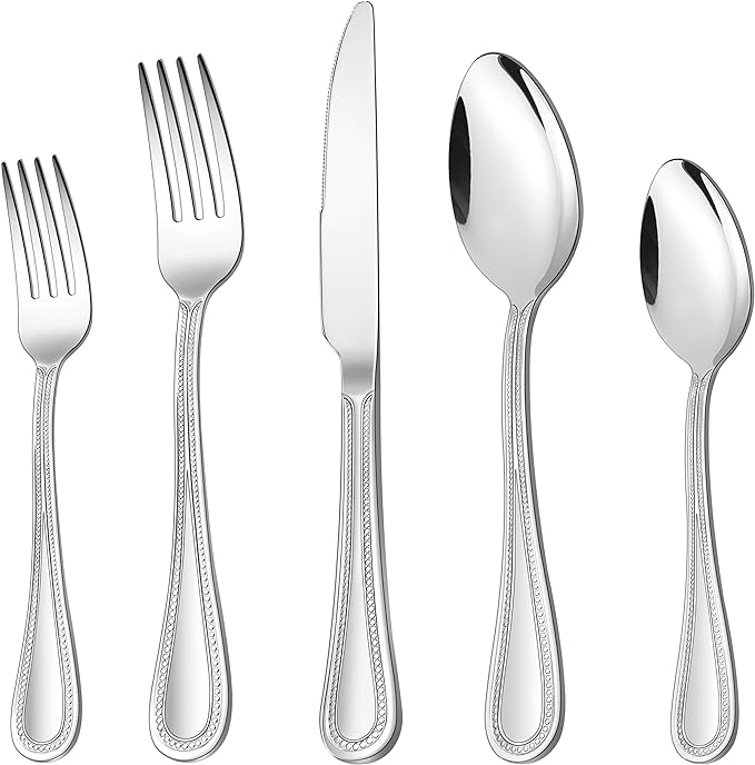 30-Piece Silverware Set, HaWare Stainless Steel Flatware Service for 6, Pearled Edge Tableware Cutlery Include Knife/Fork/Spoon, Beading Eating Utensil for Home, Mirror Polished, Dishwasher Safe