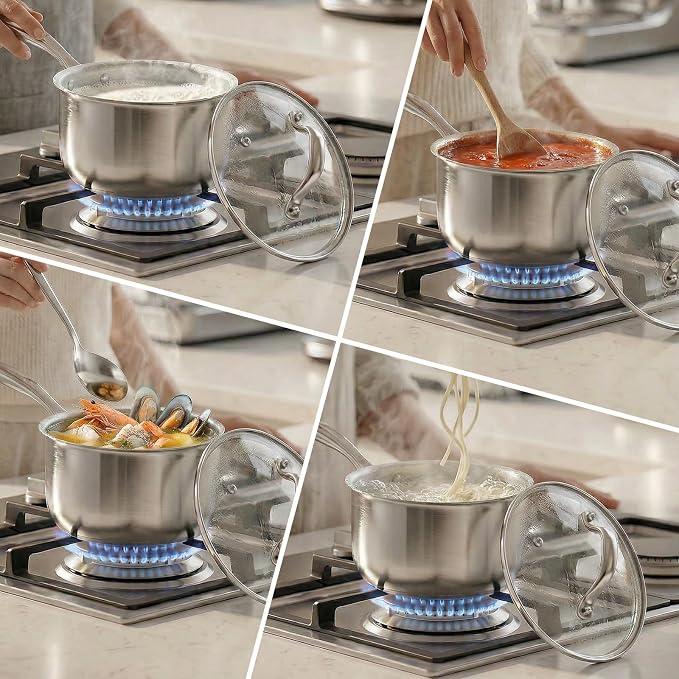 Tri-Ply Stainless Steel Pot 1.5Qt & 2.5Qt with Lids | Heavy Duty, Induction Ready, Nonstick, Stay-cool Handle, Dishwasher Safe, Multipurpose Cookware, Even Heat Conduction
