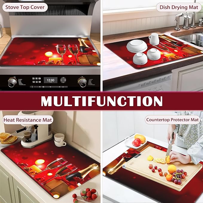 Electric Stove Top Cover Protector,Rose Wine Glasses Romantic Glass Flat Top Stove Mat,Heat-Resistant Oven Induction Cooktop Mat for Ceramic Countertop Mats Dish Drying Mat