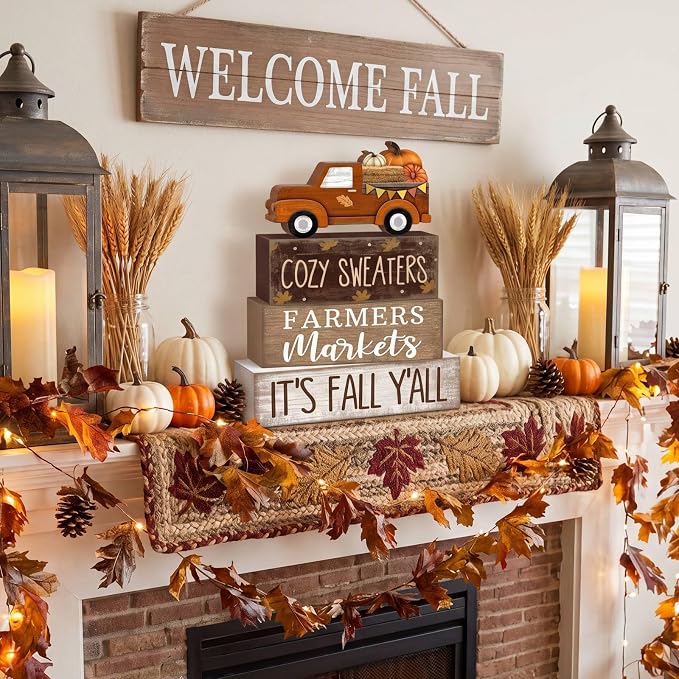 Lineshading 4 Pcs Fall Wooden Block Table Decor Stacked Signs Truck Topper | Rustic Farmhouse Tiered Tray Decoration, Sayings Cozy Sweaters Farmers Markets Its Fall Yall, Autumn Tabletop Centerpiece