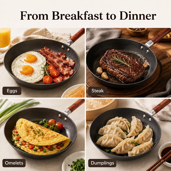 WANGYUANJI 10.2-Inch Cast Iron Skillet with Glass Lid, Uncoated Frying Pan with Flat Bottom for Induction, Gas & Electric Stovetops, Small Egg Pan for Breakfast, Steak & Sautéing