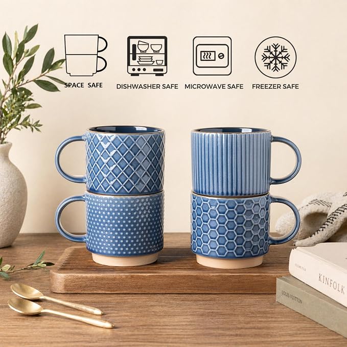 GBhome 12 OZ Stackable Coffee Mugs, Ceramic Coffee Mugs with Texture Patterns for Man,Woman,Dad,Mom, Modern Coffee Cups Set of 4 for Latte/Cappuccino/Cocoa. Dishwasher&Microwave Safe | 4 Assorted Designs, Embossed Mugs with Texture Patterns for Tea/Cof...
