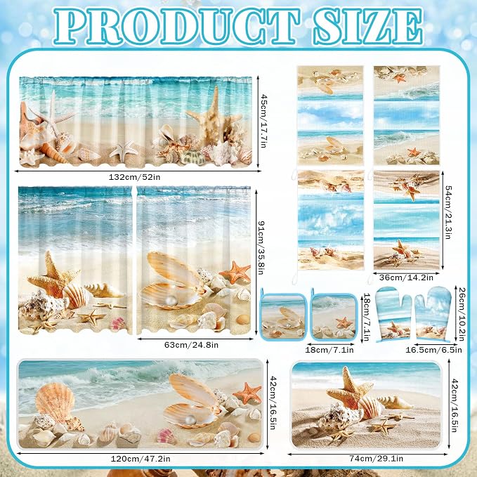 13 Pcs Beach Kitchen Decor Set 3 Seashell Kitchen Curtains Valance 2 Beach Rugs and Mats 4 Coastal Hand Towels 2 Pot Holders 2 Oven Mitts for Summer Home Decor Cooking Grilling Housewarming Gift
