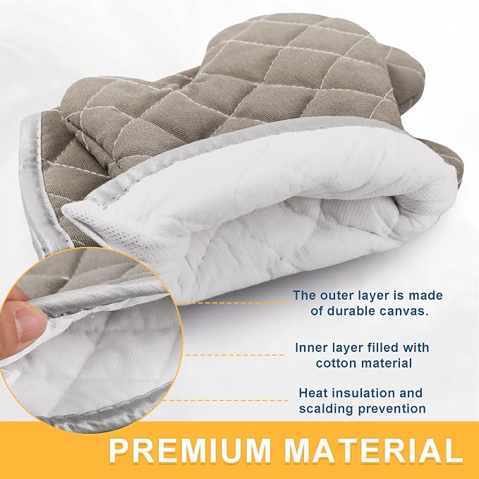 ARCLIBER Grey 12" Quilted Oven Mitts 1 Pair Heat Resistant Kitchen | Quilted Lining, 1 Pair, Heat Resistant, Classic, Cotton Blend, Cooking, Baking, Grilling, Non-Slip Grip