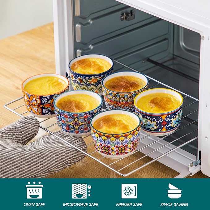 vancasso 6 Oz Ramekins Oven Safe Set of 6, Ceramic Baking Souffle Dishes | Bohemian Ramekins for Creme Brulee, Souffle, Custard, Pudding, Small Bowls for Dipping Sauce, Ice Cream