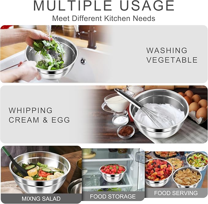 HaWare Mixing Bowls with Airtight Lids, 6-Piece Stainless Steel Salad Bowls | Strong Nesting Bowls for Cooking, Prepping, Baking, Serving & Food Storage, Stackable Design, Size 4.6, 3, 1.5QT, Black