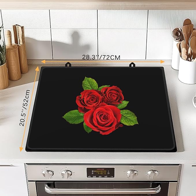 Vintage Rose Stove Top Cover for Electric Stove,Heat Resistant Glass Cooktop Cover,Multipurpose Stove/Counter/Washer Top Protector, Dishwasher Safe Rubber (28x 20)