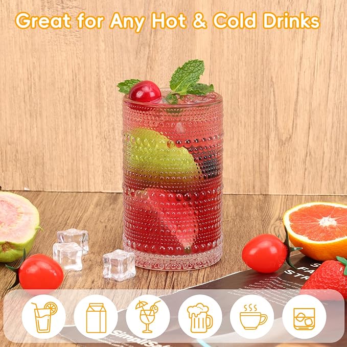 Moretoes Hobnail Drinking Glasses Set of 6, Vintage Water Glass Cups | 12 Oz Highball Glasses & 10 Oz Cocktail Glasses, Clear Embossed Boho Kitchen Bar Tumbler for Whiskey, Beer, Juice, Milk