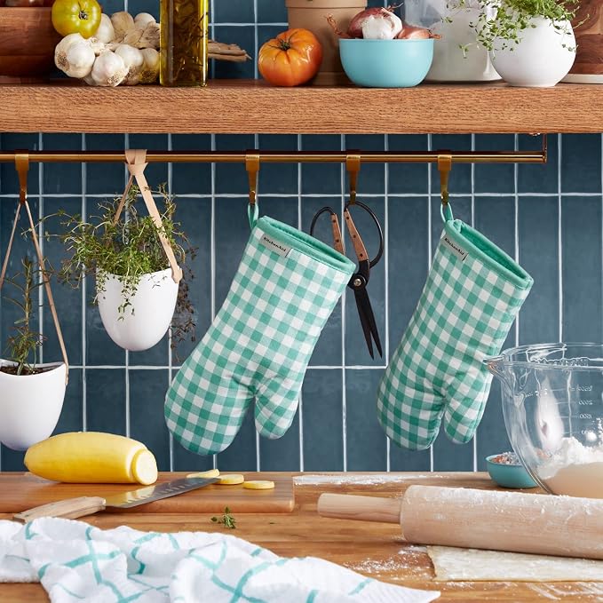 KitchenAid Gingham Oven Mitt 2-Pack Set, Aqua Sky, 7"x13"