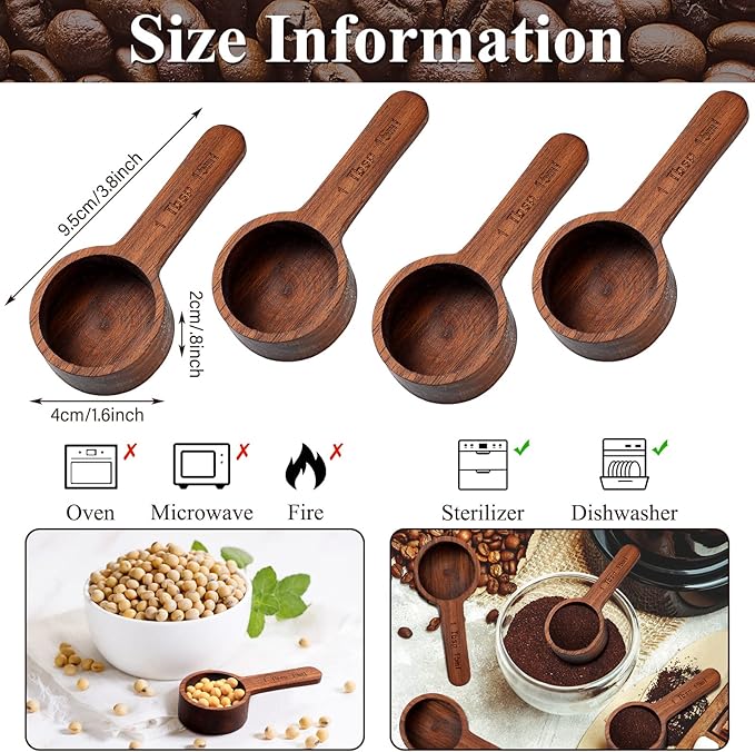 4 Pcs Coffee Wooden Scoop for Canisters Jars 15ml 1 Tablespoon | Small Coffee Scoop for Ground Caf Walnut Wood Measuring Spoons Home Kitchen Accessories for Beans, Tea, Sugar, Bath Salt