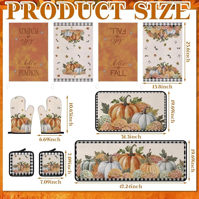 Fanfanwin 10 Pcs Fall Pumpkin Kitchen Decor Set Kitchen Towels Pot Holders Oven Mitts and Rugs Set Pumpkin Flower Decorations for Baking Cooking BBQ Autumn Home Housewarming Gifts