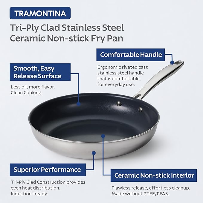 Tramontina Signature 12-Inch Tri-Ply Clad Stainless Steel Large Frying Pan | Ceramic Non Stick Interior, Induction-Ready Skillet, Oven-Safe