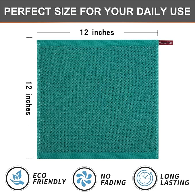 Kitinjoy 100% Cotton Waffle 6-Pack Kitchen Towels, 12" x 12", Teal | Ultra Absorbent, Super Soft, lightweight, Quick Drying Dish Rags for Washing Dishes