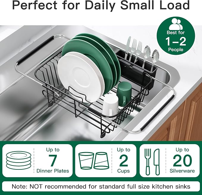 JASIWAY Black Dish Drying Rack in Sink with Utensil Holder, RV, Apartment | Over Sink Expandable Stainless Steel Dish Drainers for Compact Kitchen, Space Saving, Fast Drain, Rustproof, For 1-2 people
