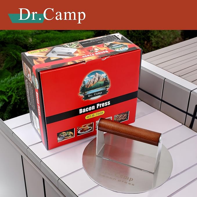 Dr.Camp 7 Inch Stainless Steel Smash Burger Press Burger Smasher Bacon Press Meat Press for Griddle Flat Top Grill with Solid Wood Handle Smooth Bottom Heavy Duty (Round)