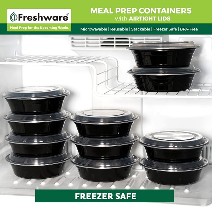 Freshware Meal Prep Containers with lids [150 Pack] Food Storage Containers, Bento Box, BPA-Free, Stackable, Microwave, Dishwasher, Freezer Safe, 32 Oz, Black