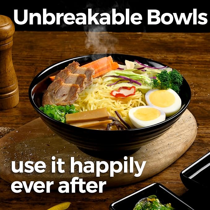 Unbreakable Ramen Bowl Set with Chopsticks and Spoon: 2 large Japanese Style Melamine Ramen Bowls, Dipping Bowls and Chopstick Stands for Asian Pho Soup Thai Miso Udon Wonton (2 Bowl Set, Black)
