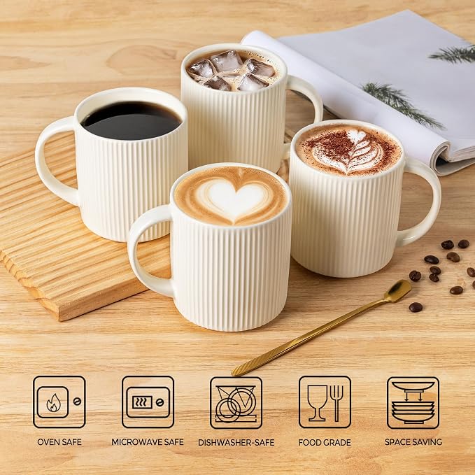 theterra Ceramic Coffee Mugs Set of 6, 14.2 oz Coffee Cups with Handle | Handmade, Suitable for Latte, Tea, Milk, Beer & Hot Cocoa, Beige