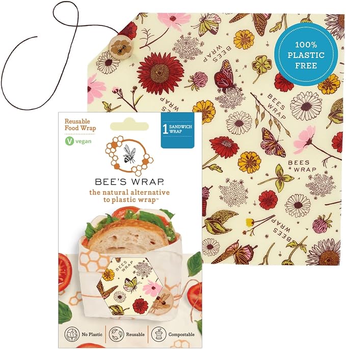 Bee's Wrap Vegan Sandwich Wrap - Meadow Magic | Button & Tie Closure - Plastic Free - Organic Plant Based Wraps - Reusable Lunch Wrap - Sandwiches & Snacks - Made in USA