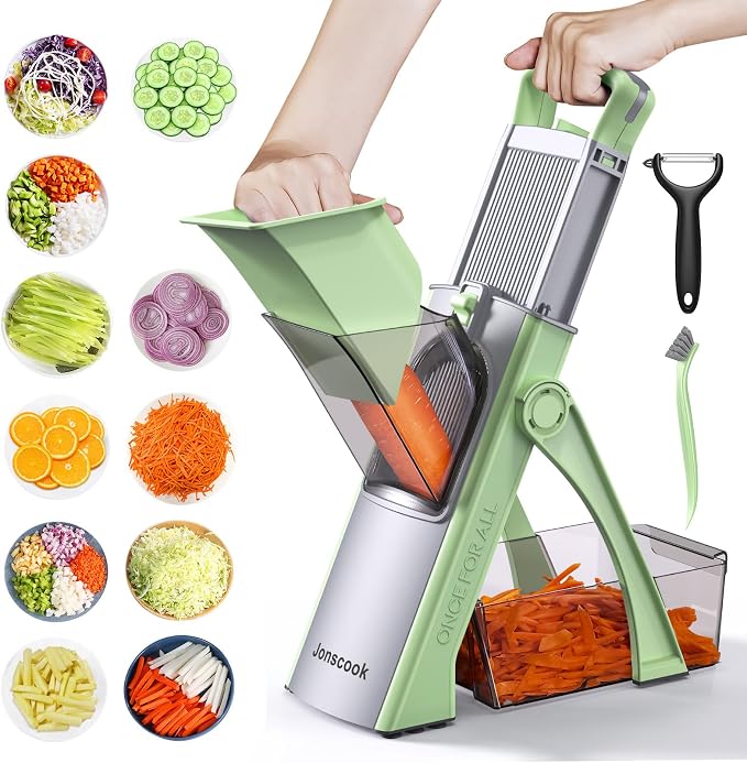 All-in-1 Safe Mandoline Slicer for Kitchen, Food Chopper with Container | 0.1-8mm Thickness Vegetable Chopper, Safe Mandoline Slicer, Potato French Fry Cutter Tomato Apple Slicer Onion (Green)