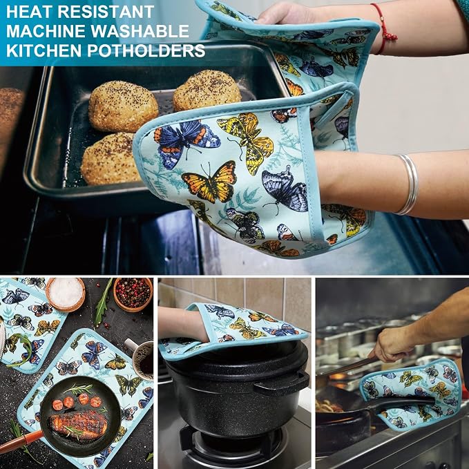 Pot Holders Set of 2 Heat Resistant 480℉ Kitchen 100% Cotton | Comfortable Lining Printing Butterfly Flower Women Men Home Cooking Baking Microwave BBQ Gift (Butterfly potholders)