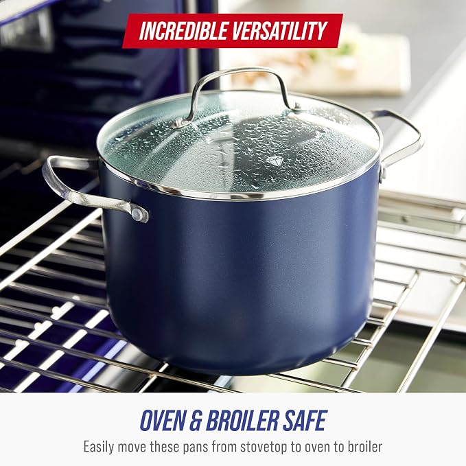 Blue Diamond 8QT Diamond Infused Ceramic Nonstick Stockpot with Lid, Blue | PFAS-Free Ceramic Nonstick Multipurpose Pot, Dishwasher & Oven Safe, Durable Metal Utensil Safe, Soups, Glass Lid