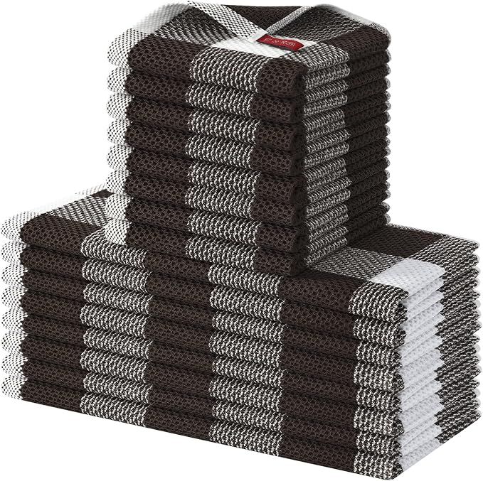 Homaxy Kitchen Towels and Dishcloths Set, Set of 16, White & Dark Brown | Bulk Cotton Waffle Weave Check Plaid Kitchen Towels, Super Soft and Absorbent Dish Cloths, 12 x 12 and 13 x 28 Inches