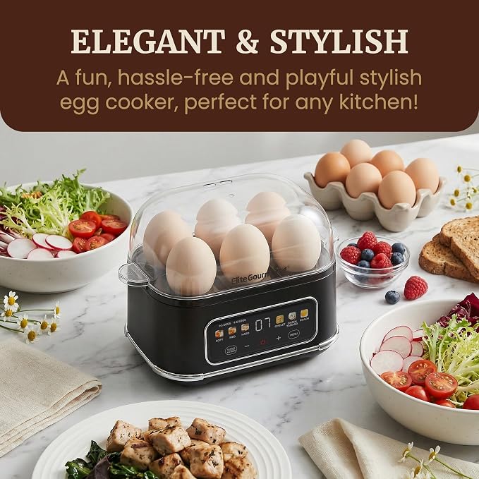 Elite Gourmet Digital Egg Cooker, 6-Egg, Onsen Tamago, Black | One-touch menu cooks soft, medium, or hard-boiled eggs plus poached eggs and omelets - audible alert on/off - auto shut-off