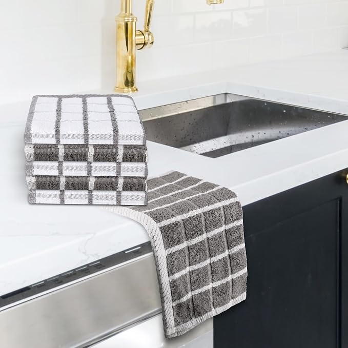 Urban Villa Kitchen Towels Cotton Dish Towels 12”x12” (Set of 6) Grey White