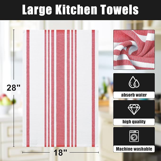 Homaxy Premium Cotton Stripe Kitchen Towels 8 Pack, 18"x 28", Red | Large 380 GSM Kitchen Hand Towels, Soft Terry Dish Towels, Highly Absorbent Tea Towel Set with Hanging Loop