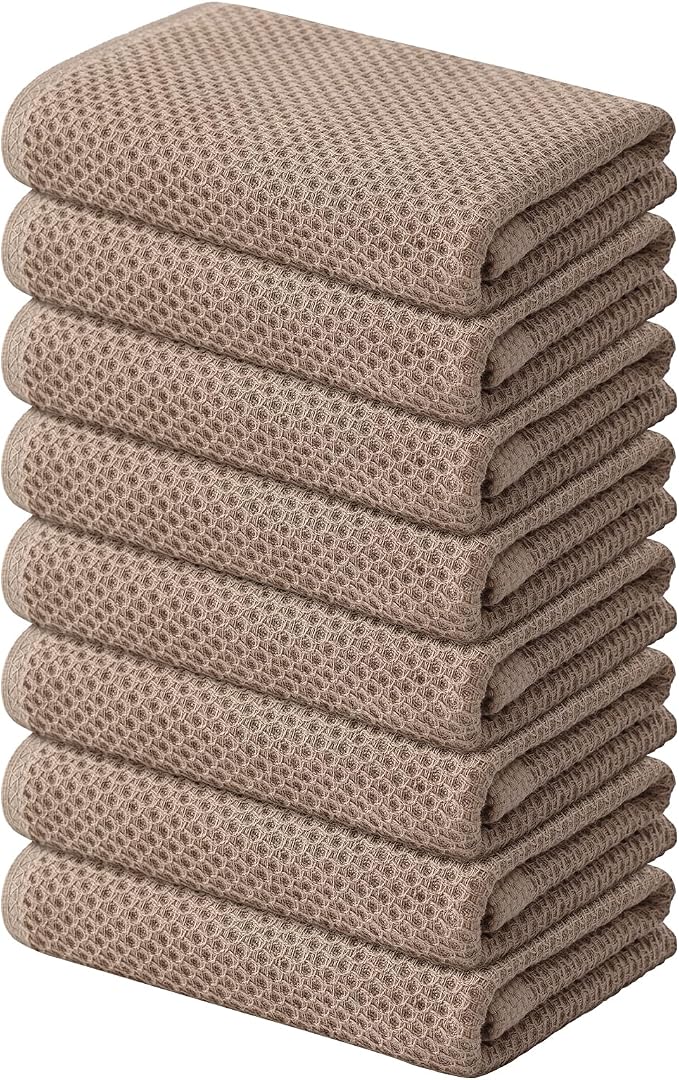 Kitinjoy 100% Cotton Waffle 8-Pack Kitchen Towels, 13" x 28", Tan | Super Soft, Ultra-Absorbent, Fast Drying, lightweight, Quick Drying Kitchen Hand Towels