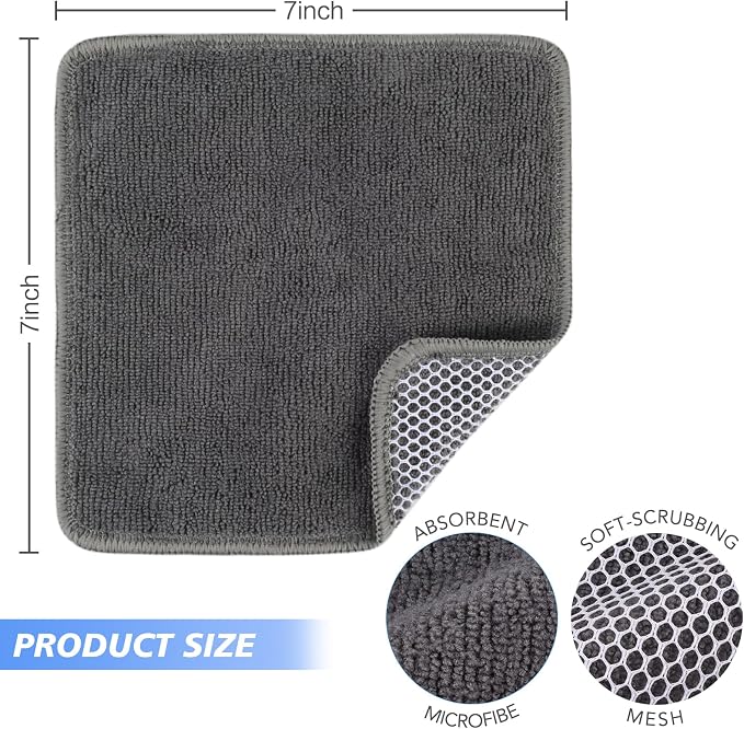 Dish Cloths for Washing Dishes with Scrub Side, Microfiber Dish Rags | Dual-sided microfiber dish cloths with scrubber for stuck-on food, quick dry kitchen washcloths 9 Pack, 7" x 7 Inch Gray