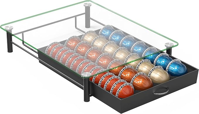 Deco Brothers Tempered Glass Vertuo Pod Holder, Fits 28 Large/56 Small Pods | Compatible with Nespresso Capsule, Black