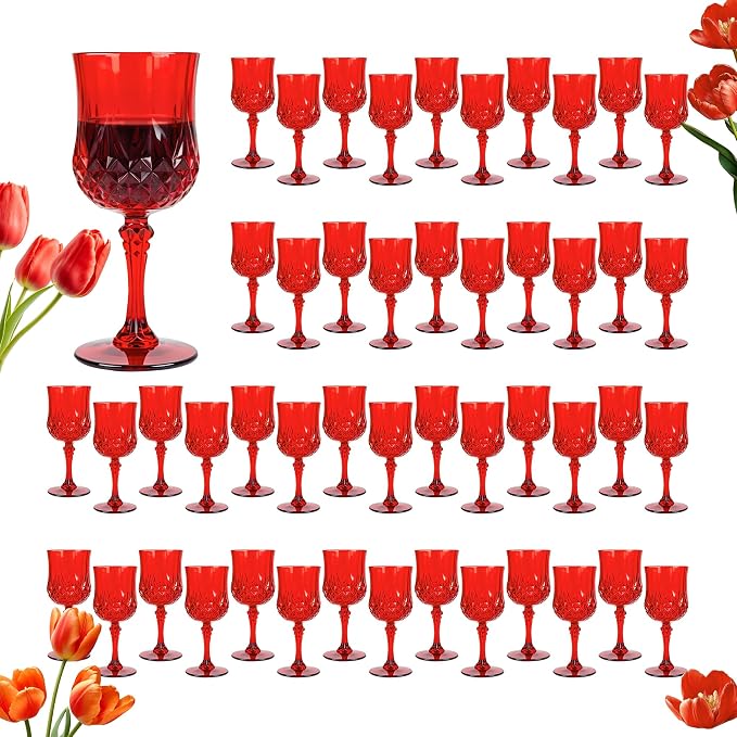 48Pack Plastic Wine Glasses, 7oz Vintage Goblets for Wedding | Unbreakable Crystal Style Reusable Stemware, Elegant Red Drinking Glass for Party Anniversary & Holiday Celebration