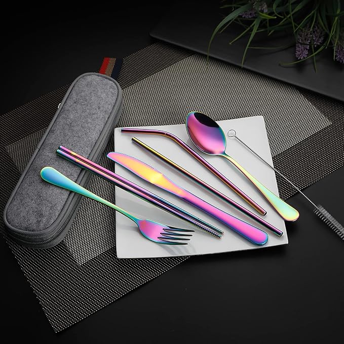 DEVICO Camping Utensils, Full-Size Travel Silverware Set with Case for Work | 8Pcs Stainless Steel Travel Cutlery Set, Portable Metal Straws Chopsticks Fork Spoon Knife Set for Lunch Box/School, Rainbow