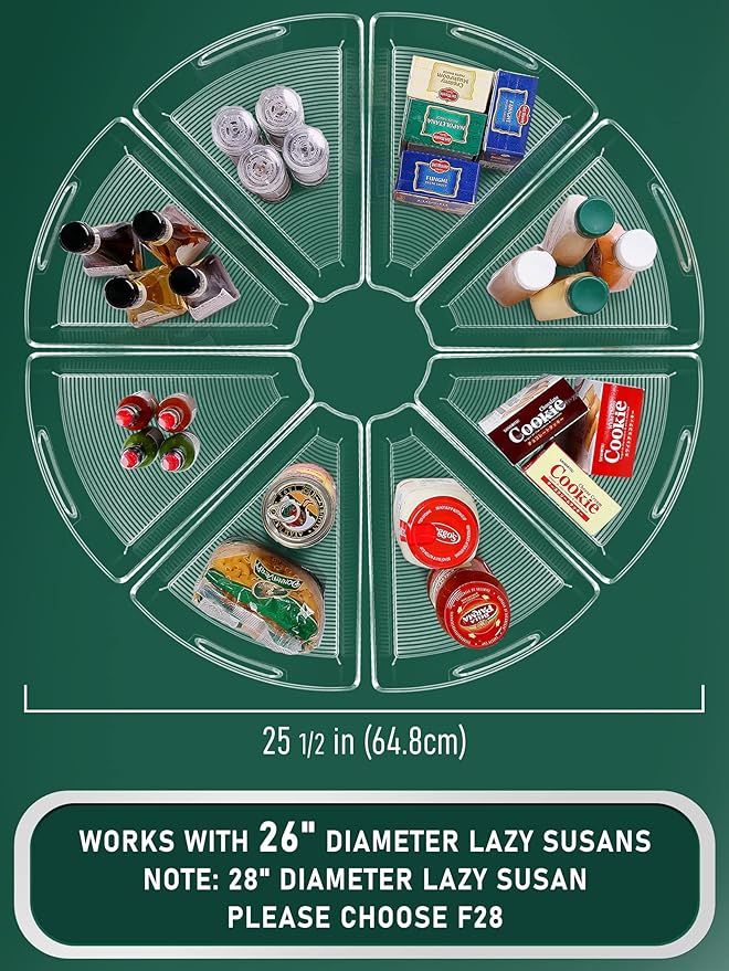 Lazy Susan Cabinet Organizer Bins for 26"/ 28"/ 32" Diameter | Corner Organizer, Plastic Cabinet Storage Bin, 1/8 Wedge - Food Safe, BPA Free, with Non-Slip Pads (for 26" Diameter, 8 Pack)