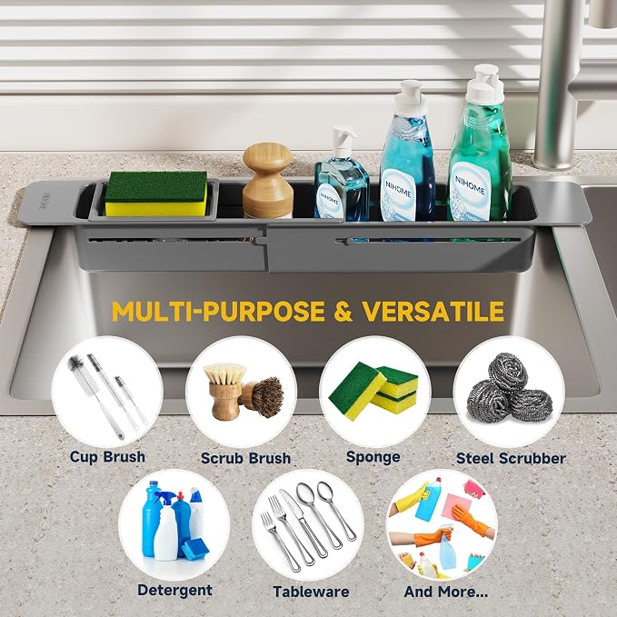 NiHome Extendable Kitchen Sink Caddy Extra Long Brush Sponge Storage Holder | Expandable Kitchen In Sink Organizer Extra Long for Brush Sponge with Drainage, Adjustable Length Non-Slip Pads (Dark Gray)