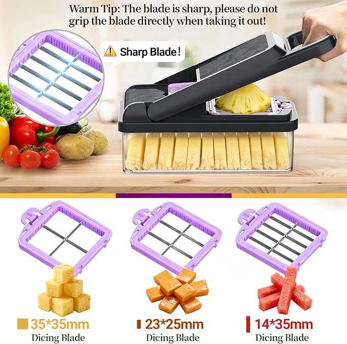 15-in-1 Vegetable Chopper 10 Blades, Veggie Cutter with Handle, Black/Purple | Stainless Steel Blades, Food Container and Lid, Dicer, Slicer, Julienne, Egg Separator, Non-slip Base, Include Cleaning Tools