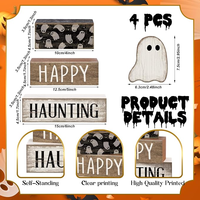 Lineshading 4 Pcs Happy Haunting Wood Blocks, Halloween Farmhouse Decor | Rustic Stacking Blocks for Tiered Tray, Wood Signs with Ghost Theme, Tabletop Display for Home Shelf, Farmhouse Style