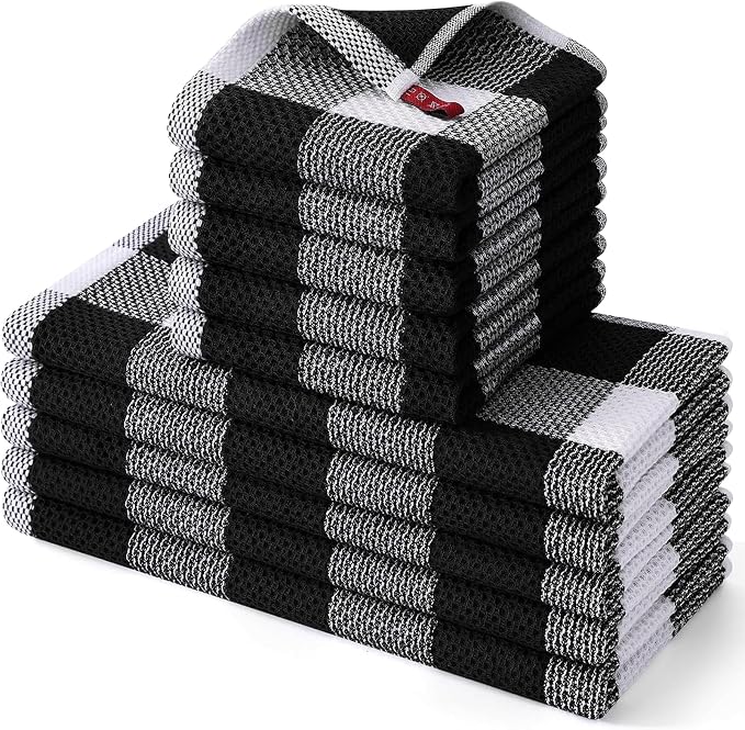 Homaxy Kitchen Towels and Dishcloths Set, Set of 10, White & Black | Bulk Cotton Waffle Weave Check Plaid Kitchen Towels, Super Soft and Absorbent Dish Cloths, 12 x 12 and 13 x 28 Inches