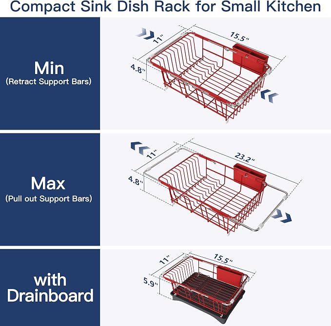JASIWAY Red Dish Drying Rack in Sink with Drainboard and Utensil Holder | Use Over the Sink or Counter, Stainless Steel Expandable Dish Drainer for Small Kitchen, Space Saving, Fast Drain, Rustproof