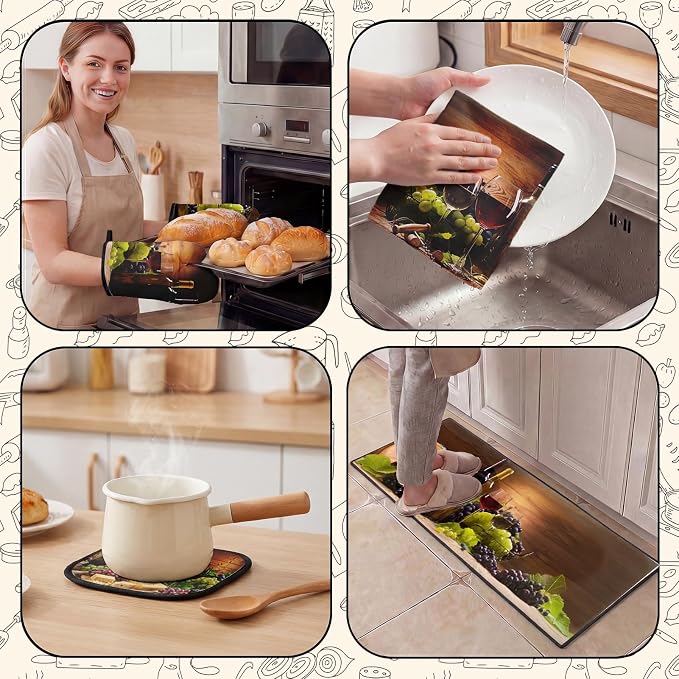 10 Pcs Red Wine Kitchen Decor and Accessories Set, 4 Dish Towels Kitchen Rugs 2 Oven Mitts 2 Pot Holders, Home Decor for Cooking Baking BBQ Gifts Women Mom Housewarming