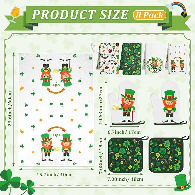 8 PCS St Green Kitchen Decor Sets Irish Leprechaun Shamrock Clover 4 Kitchen Dish Towels 2 Pot Holders 2 Oven Mitt Green Decoration Accessories for Cooking Baking Home Camp Spring