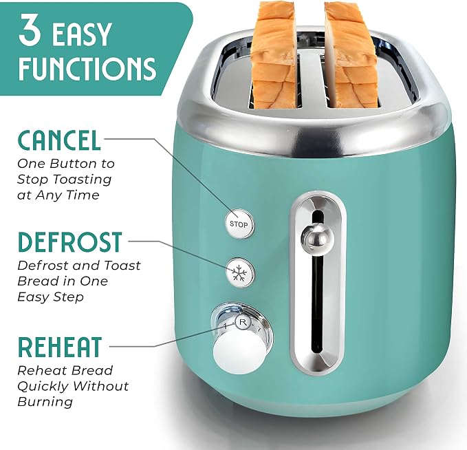 MUELLER HOME Retro Toaster 2 Slice, 7 Browning Levels | 3 Functions (Reheat, Defrost, Cancel), Stainless Steel Features, Removable Crumb Tray, Under Base Cord Storage, Turquoise