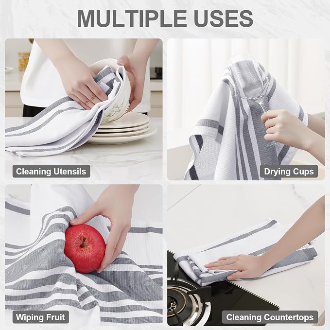Homaxy Premium Cotton Stripe Kitchen Towels 12 Pack, 18"x 28", Grey | Large 380 GSM Kitchen Hand Towels, Soft Terry Dish Towels, Highly Absorbent Tea Towel Set with Hanging Loop