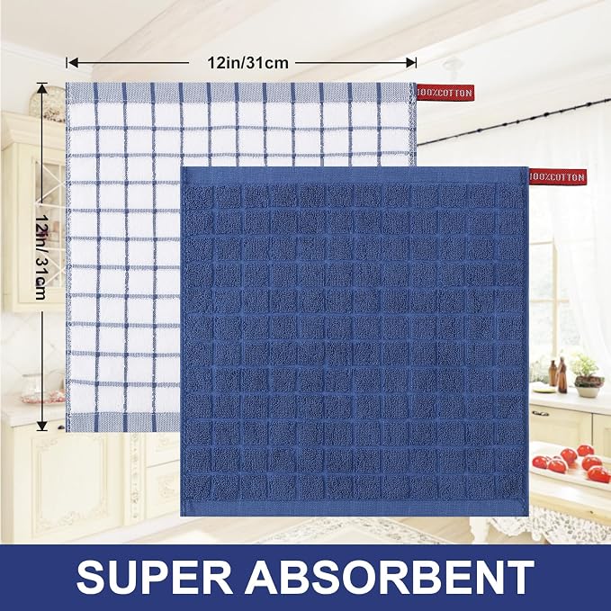 Homaxy Premium Cotton Kitchen Dish Cloths 12"x 12", 8 Pack, Navy Blue | Natural Ring Spun 390 GSM Dish Rags, Super Absorbent Terry Dish Towels, Soft Dishcloths with Hanging Loop