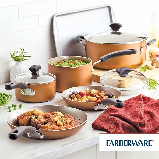 Farberware Cookstart Aluminum DiamondMax Nonstick Cookware Set, Kitchen Essentials, 15-Piece, Copper
