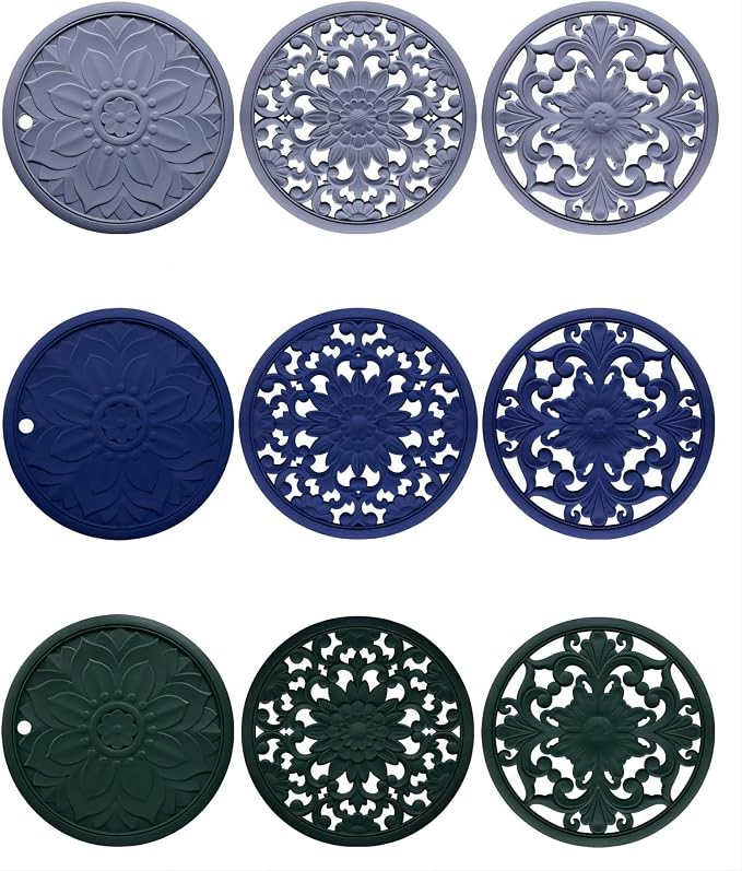 Silicone Trivets - Silicon Mats for Hot Pots and Pans, Multi-Use Carved Hot Pads, Flexible Modern Kitchen Table Mat, Heat Resistant Round Teapot Coaster Set of 3 Black